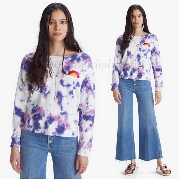 MOTHER Square Tie Dye Rainbow Patch Sweatshirt in Blueberry Purple